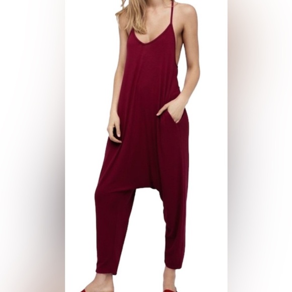 Free People Pants - Free People Intimately | Burgundy Spaghetti Strap Jersey Romper Harem Jumpsuit L